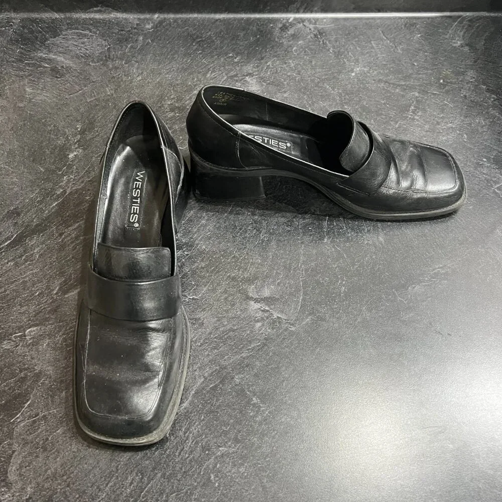 Westies Wm 9 Black Square Toe Chunky Stack Heel Y2K Loafer